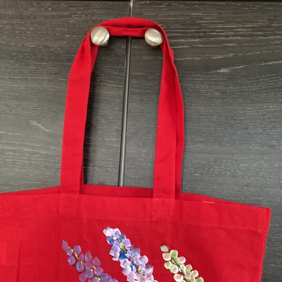 Artisan Painted Lupins on Red Cotton Tote - Picture 3 of 5